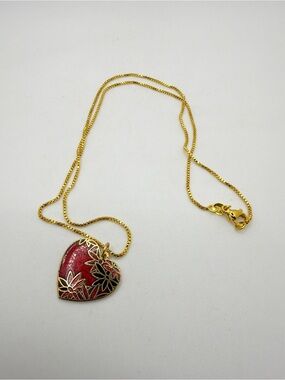 ~17" VTG heart Cloisonne pendant on brand new‎ gold plated box chain, necklace!
